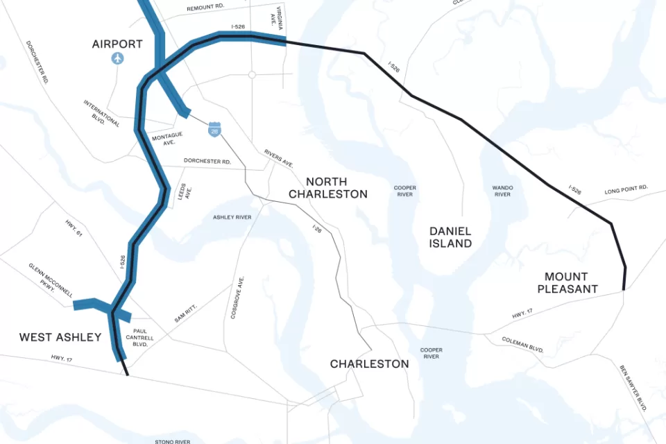 A map of the planned West I-526 Lowcountry Corridor project in North Charleston, South Carolina.